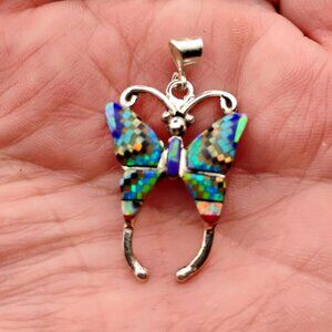 Micro Mosaic Gemstone Butterfly Pendant Sterling Silver